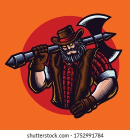 Ilustración vectorial de un Cowboy Lumberjack con hacha, sombrero, chaqueta en el fondo amarillo. Para el diseño del logotipo de mascota en la ilustración moderna. Separe la capa y editable. Imprimir en camiseta (VERSIÓN DE COLOR)