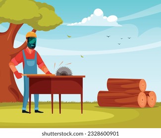vector illustration of lumberjack cutting tree