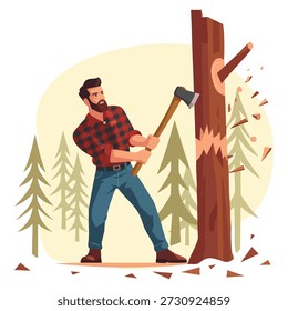 Vector illustration of lumberjack cutting tree axe ideal for man in red checkered shirt, forest work, wood chopping, outdoor activity or nature themed designs