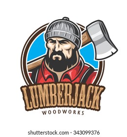 Vector illustration of lumberjack emblem, label, badge, logo with text. Isolated on white background.