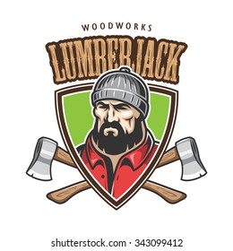 Vector illustration of lumberjack emblem, label, badge, logo with text. Isolated on white background.