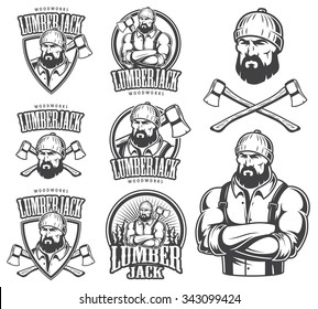 Vector illustration of lumberjack emblem, label, badge, logo and designed elements. Isolated on white background.