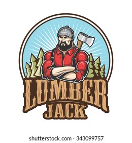 Vector illustration of lumberjack emblem, label, badge, logo with text. Isolated on white background.