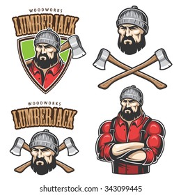 Vector illustration of lumberjack emblems, labels, badges, logos with text. Isolated on white background.