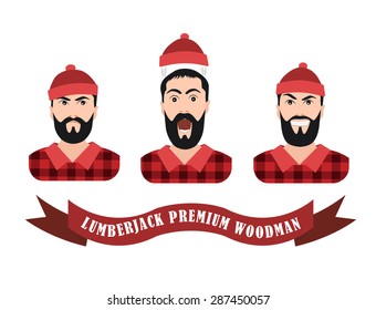 Vector Illustration of a lumberjack forester logger  with scroll done in retro style, Collection emotions joy serious fright