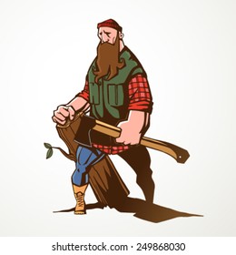 Vector illustration of lumberjack holding axe and big chunk of wood. 