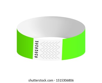 Vector illustration of luminous neon green cheap empty bracelet or wristband. Sticky hand entrance event paper bracelet isolated. Template or mock up suitable for various uses of identification.