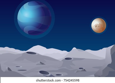 Vector illustration of Lunar landscape with craters. Beautiful planets on background