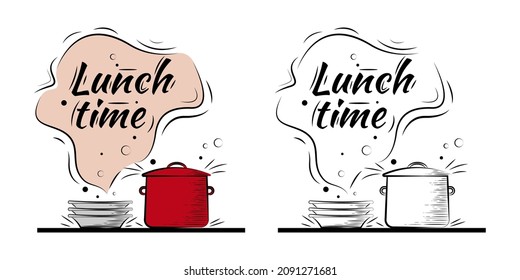 Ilustración vectorial para el descanso del almuerzo. Cartel, tarjeta, afiche, volante con inscripción de texto en el fondo de la olla y las placas.