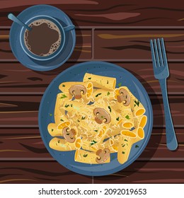 Vector illustration of lunch. Cup of coffee on saucer, rigatoni pasta with cheese and mushrooms on ceramic blue plate isolated on wooden table.