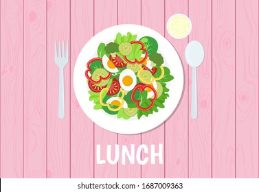 Vector illustration of lunch set on pink table wooden background