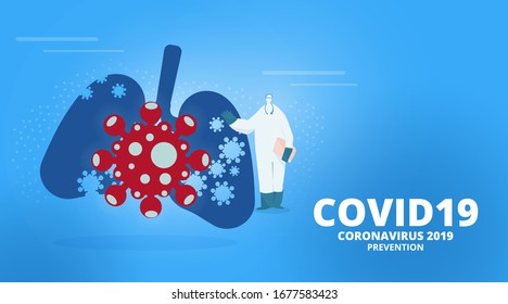 Vector illustration of lung, corona virus and a man in a protective suit with a mask on blue background. Corona virus or 2019-nCoV (COVID-19) disease concept.