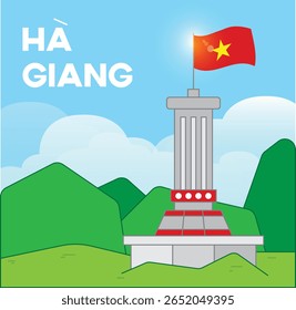 Vector illustration of the Lung Cu Flag Tower in Ha Giang, Vietnam, standing tall on a mountain peak with the national flag, in a flat modern design for travel or cultural themes.