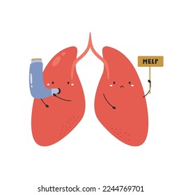 Vector illustration of lungs with asthma inhaler. Respiratory problems concept.