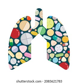 ilustración vectorial de pulmones y píldoras para la cura medicinal para enfermedades respiratorias 