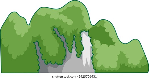 Vector illustration of lush green mountains with waterfall
