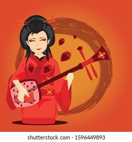 Vector illustration lush lava geisha playing the mandolin on red backgound