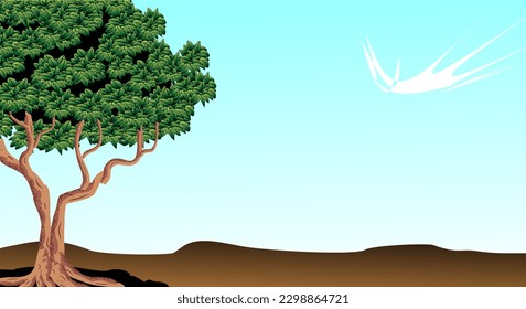 Vector illustration of a lush tree with daylight phenomena and in the middle of a desert