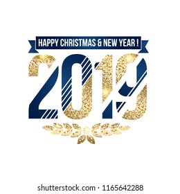 Vector illustration. Luxurious 2019 with a golden texture on white and on a dark background. Graphic design Merry Christmas and Happy New Year 2019 design elements for design of gift cards, brochures.