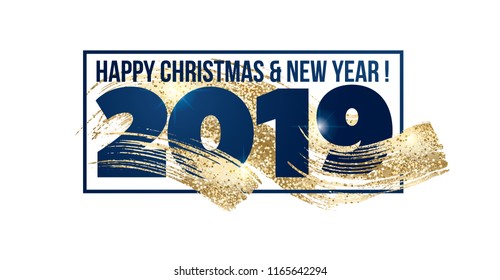 Vector illustration. Luxurious 2019 with a golden texture on white and on a dark background. Graphic design Merry Christmas and Happy New Year 2019 design elements for design of gift cards, brochures.