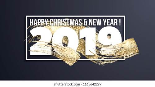 Vector illustration. Luxurious 2019 with a golden texture on white and on a dark background. Graphic design Merry Christmas and Happy New Year 2019 design elements for design of gift cards, brochures. Vector illustration. Luxurious 2019 with a golden texture on white and on a dark background. Graphic design Merry Christmas and Happy New Year 2019 design elements for design of gift cards, brochures.