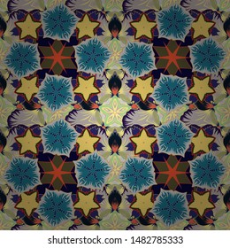Vector illustration. Luxurious seamless pattern of yellow, gray and blue ornament with stylized waves.
