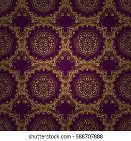 Vector illustration. Luxurious seamless pattern of golden ornament with stylized waves on a purple background.