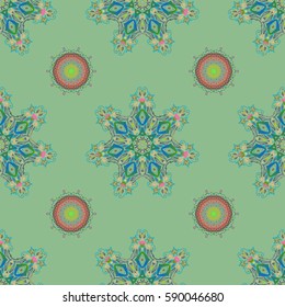Vector illustration. Luxurious seamless pattern of multicolored ornament with stylized snowflakes on a neutral background.