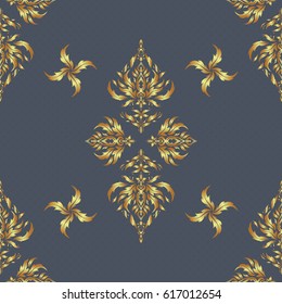 Vector illustration. Luxurious seamless pattern of golden ornament with stylized waves on a gray background.