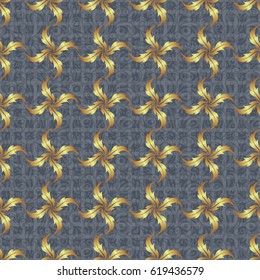 Vector illustration. Luxurious seamless pattern of golden ornament with stylized waves on a gray background.