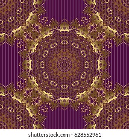 Vector illustration. Luxurious seamless pattern of golden ornament with stylized waves on a purple background.