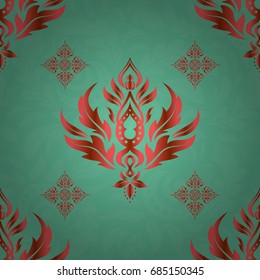 Vector illustration. Luxurious seamless pattern of brown, pink and green ornament with stylized waves.