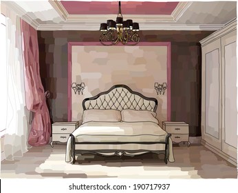 Vector illustration of luxury bedroom interior in pink and brown, hand-drawn style
