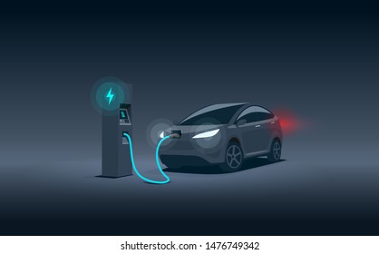 Vector illustration of a luxury black electric car suv charging at the charger station during night time low demand off peak electricity. Electromobility eco future transportation e-motion concept. 