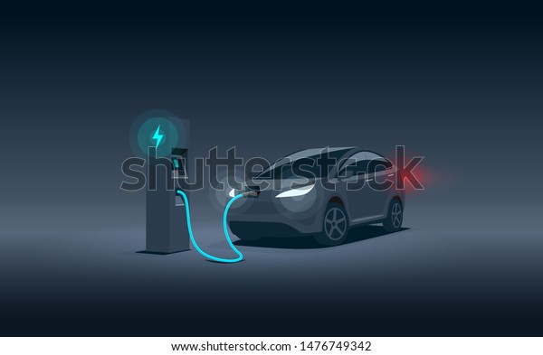 Vector illustration of a luxury black electric car suv\
charging at the charger station during night time low demand off\
peak electricity. Electromobility eco future transportation\
e-motion concept. 