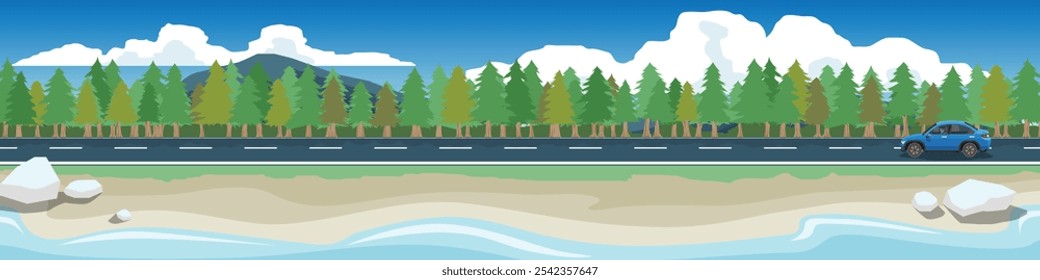 Vector o ilustración de un coche azul de lujo en la carretera de asfalto. para el Anuncio. Tráfico en la carretera de la playa. Fondo cubierto de pinos. Gran montaña bajo cielo azul y nubes blancas.