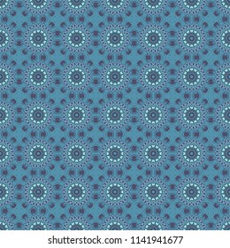 Vector illustration. Luxury card or invitation with oriental seamless pattern in Indian, Arabic, Islamic, Turkish style, with circular floral ornament in gray, white and blue colors.