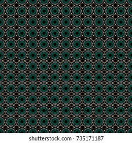 Vector illustration. Luxury card or invitation with oriental seamless pattern in Indian, Arabic, Islamic, Turkish style, with circular floral ornament in beige, black and green colors.