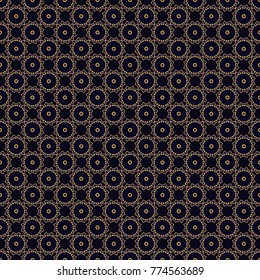 Vector illustration. Luxury card or invitation with oriental seamless pattern in Indian, Arabic, Islamic, Turkish style, with circular floral ornament in beige, black and yellow colors.