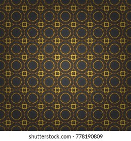 Vector illustration. Luxury card or invitation with oriental seamless pattern in Indian, Arabic, Islamic, Turkish style, with circular floral ornament in brown, yellow and gray colors.
