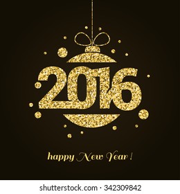 vector illustration luxury Christmas ball and a happy new year 2016 with the texture gold, golden greeting card