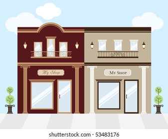 Vector illustration of luxury clothing stores. Window display can be easily edited if you want to add merchandise to display. No gradient used.