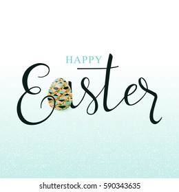 Vector illustration of luxury happy easter greeting card with striped gold line egg, lettering type text sign isolated on light blue gradient background