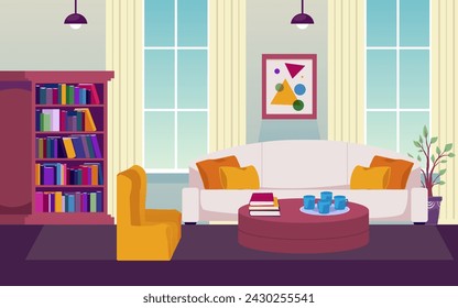 Ilustración vectorial de una sala de estar o biblioteca de lujo. La sala tiene un espacio luminoso con grandes ventanas, un sofá suave, una biblioteca, una mesa redonda y un cuadro en la pared para una lectura acogedora.