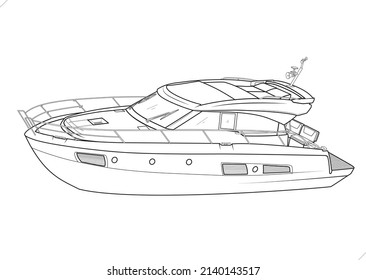 vector illustration of luxury motor boat, black line art for coloring book