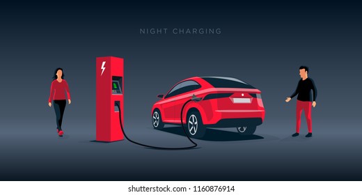 Vector illustration of a luxury red electric car suv charging at the charger station during night time low demand electricity. Man and woman approaching the vehicle. Night off-peak car charging.