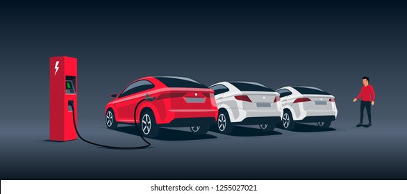 Vector illustration of a luxury red electric car suv charging at the charger station during night time low demand electricity. Other white cars parked behind along the road with a walking man. 