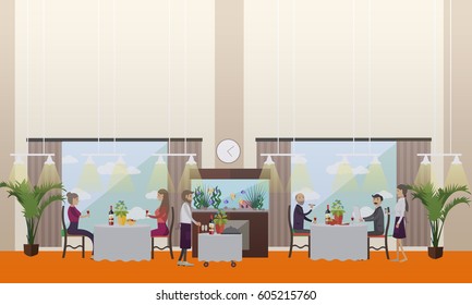 Vector illustration of luxury restaurant interior, waiters and people having dinner, lunch or supper. Good restaurant concept design element in flat style.