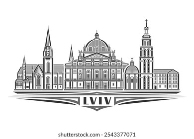Vector illustration of Lviv, monochrome horizontal card with linear design famous lviv city scape, european urban line art concept with decorative lettering for black text lviv on white background