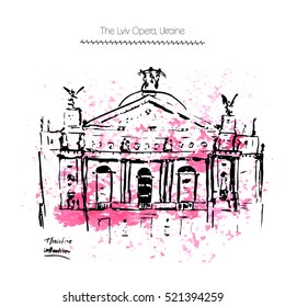 Vector illustration of The Lvov Opera, Ukraine. Watercolor spot background. Usable for poster, postcards, greeting cards template. Hand drawn ink sketch